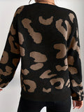 elveswallet  Leopard Print Knit Sweater, Casual Crew Neck Long Sleeve Sweater, Women's Clothing