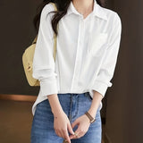 Versatile Solid Pocket Shirt, Button Down Long Sleeve Shirt, Casual Every Day Tops, Women's Clothing
