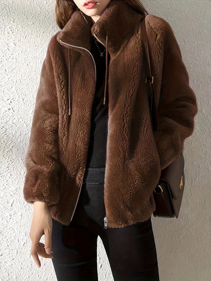 elveswallet Drawstring Zip Up Long Sleeve Teddy Coat