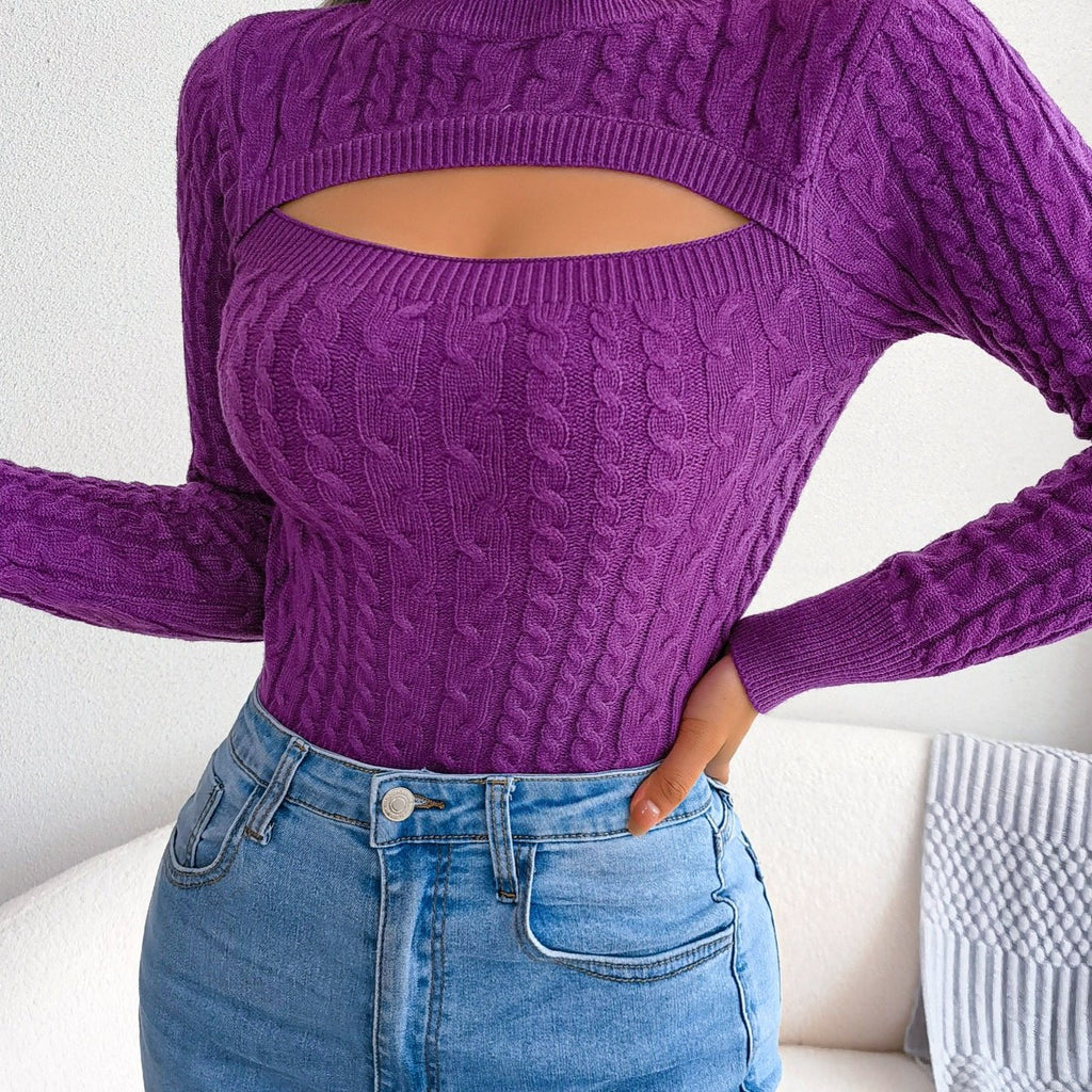 Hollow Twist Knit Sweater Casual Solid Crew Neck Slim Long Sleeve Bottoming Fall Winter Sweater Women's Clothing