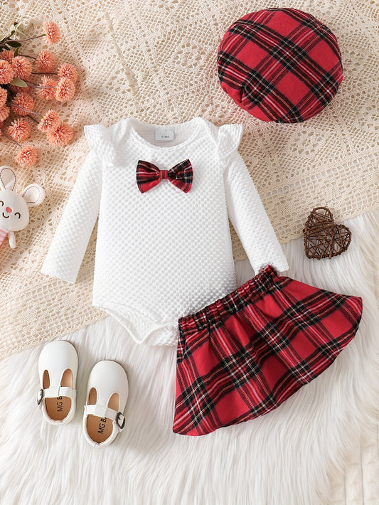 2-Pieces Baby's Preppy Style Bow Decor Ruffled Bodysuit + Hat + Plaid Pattern Skirt, Toddler & Infant Girl's Clothing Set For Fall Winter Christmas Party