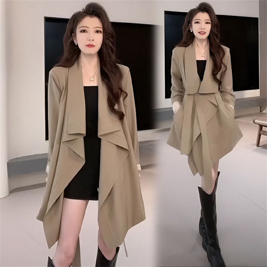 Vintage British style long-sleeved trench coat autumn irregular large lapel straps medium and long suit top women's clothing