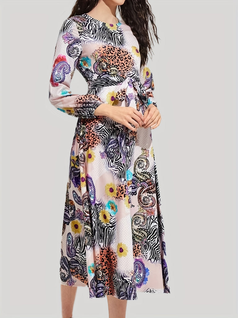 Floral & Leopard Print Belted Dress, Casual Crew Neck Long Sleeve Dress, Women's Clothing