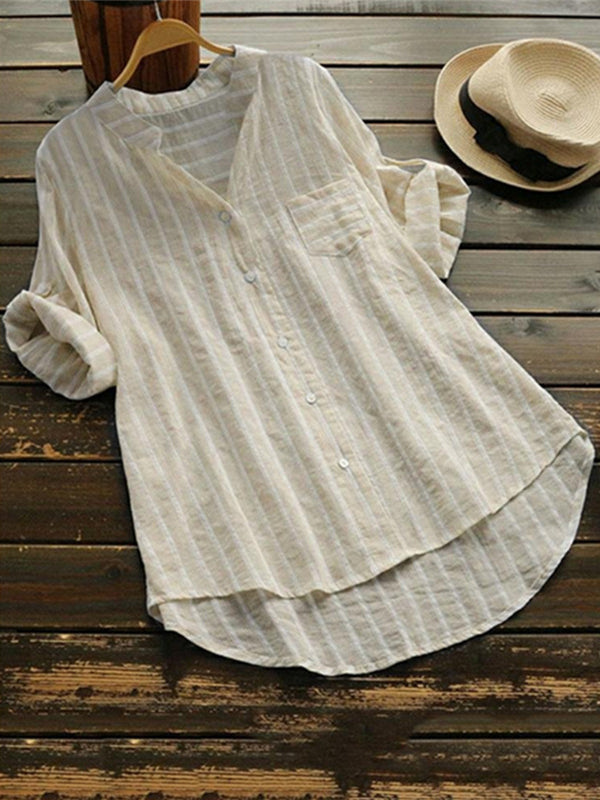 Striped Women's 3/4 Sleeve Button Down Linen Shirts