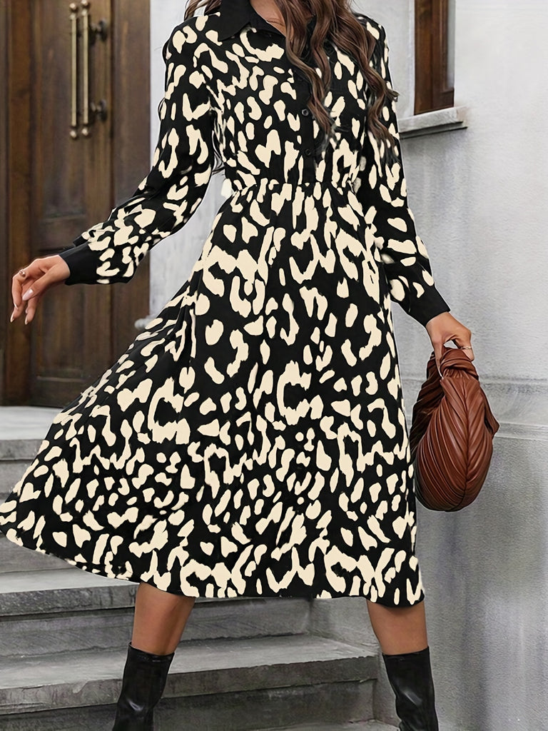Leopard Print Midi Dress, Elegant Button Front Long Sleeve Dress, Women's Clothing