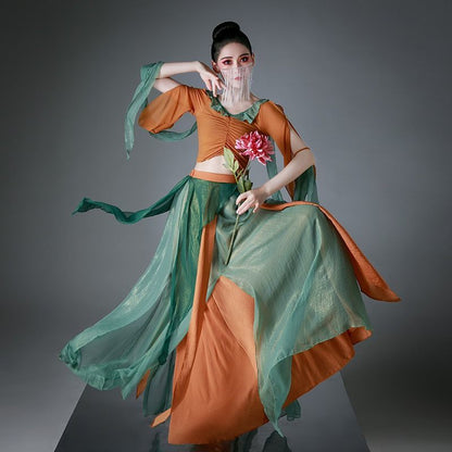 Dunhuang flying dance suit fairy elegant sequined trouser skirt classical dance practice suit folk dance gauze performance suit