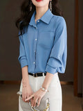 Versatile Solid Pocket Shirt, Button Down Long Sleeve Shirt, Casual Every Day Tops, Women's Clothing
