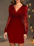 Solid Sequin Stitching Lace Long Sleeve Dress, Elegant Mesh Slim Sexy Party Dress, Women's Clothing