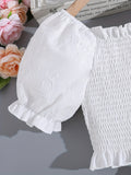 elveswallet  Girls Puff Sleeve Shirred Top & Bow Belted Lace Skirt 2pcs Cute Elegant Kids Clothes