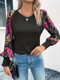 Floral Print Splicing Blouse, Casual Crew Neck Long Sleeve Blouse, Women's Clothing