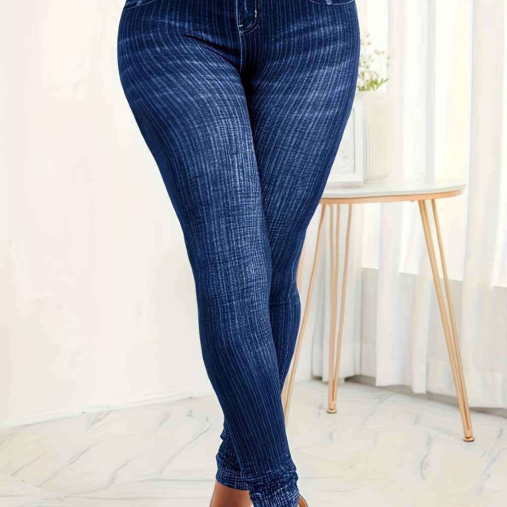 elveswallet  Plus Size Casual Pants, Women's Plus Denim Print High Rise Medium Stretch Leggings