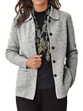 Solid Button Front Lapel Neck Jacket, Vintage Long Sleeve Jacket For Spring & Fall, Women's Clothing