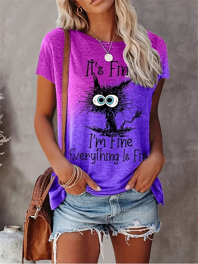 elveswallet  Letter & Cat Print T-Shirt, Crew Neck Short Sleeve T-Shirt, Casual Every Day Tops, Women's Clothing