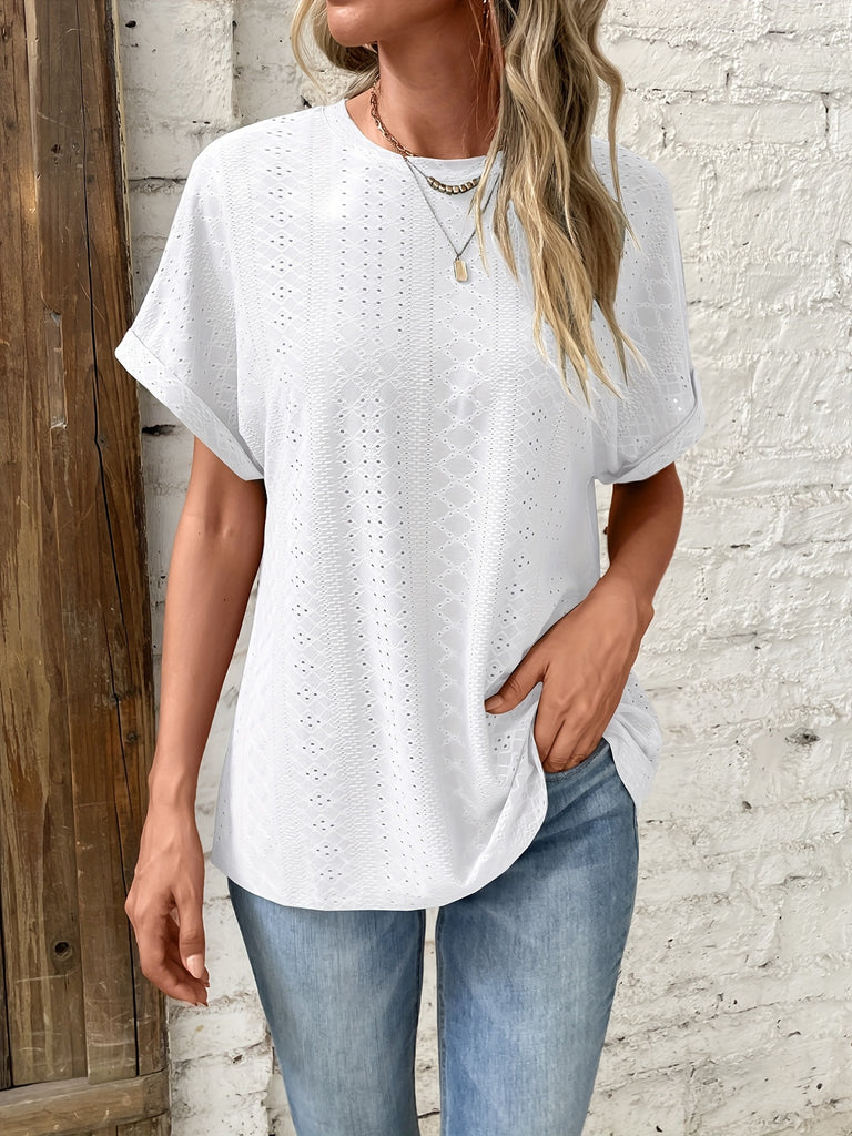 elveswallet  Solid Eyelet Rolled Sleeve T-shirt, Casual Crew Neck T-shirt For Spring & Summer, Women's Clothing