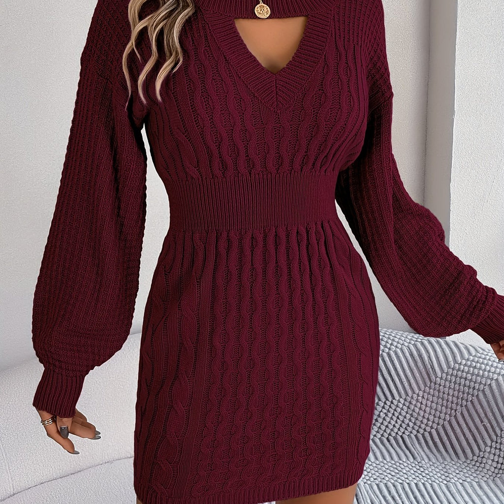 elveswallet  Keyhole Cable Knit Sweater Dress, Casual Long Sleeve Bodycon Dress, Women's Clothing
