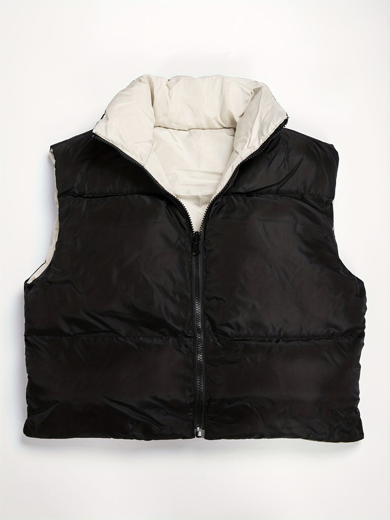 elveswallet  Solid Reversible Vest, Casual Zip Up Sleeveless Warm Outerwear, Women's Clothing