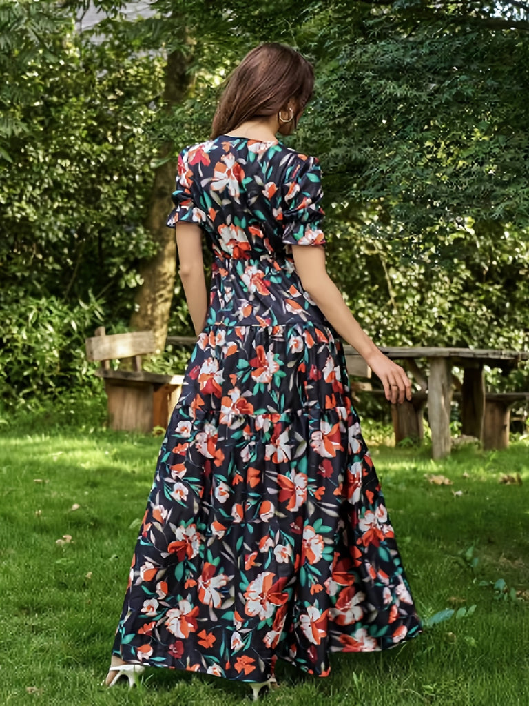 Floral Print Lettuce Trim Dress, Elegant V Neck Short Sleeve Pleated Maxi Dress, Women's Clothing