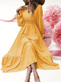 elveswallet  Pin Dot Print High Waist Dress, Elegant V Neck Long Sleeve Maxi Dress, Women's Clothing