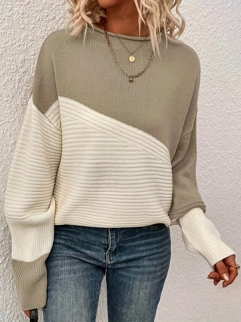 Color Block Crew Neck Pullover Sweater, Casual Long Sleeve Drop Shoulder Sweater, Women's Clothing