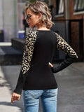 Leopard Print Color Block T-Shirt, Casual Raglan Sleeve T-Shirt For Spring & Fall, Women's Clothing