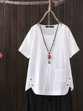 elveswallet  Crew Neck Loose Blouses, Casual Pocket Simple Short Sleeve Fashion Versatile Shirts Tops, Women's Clothing