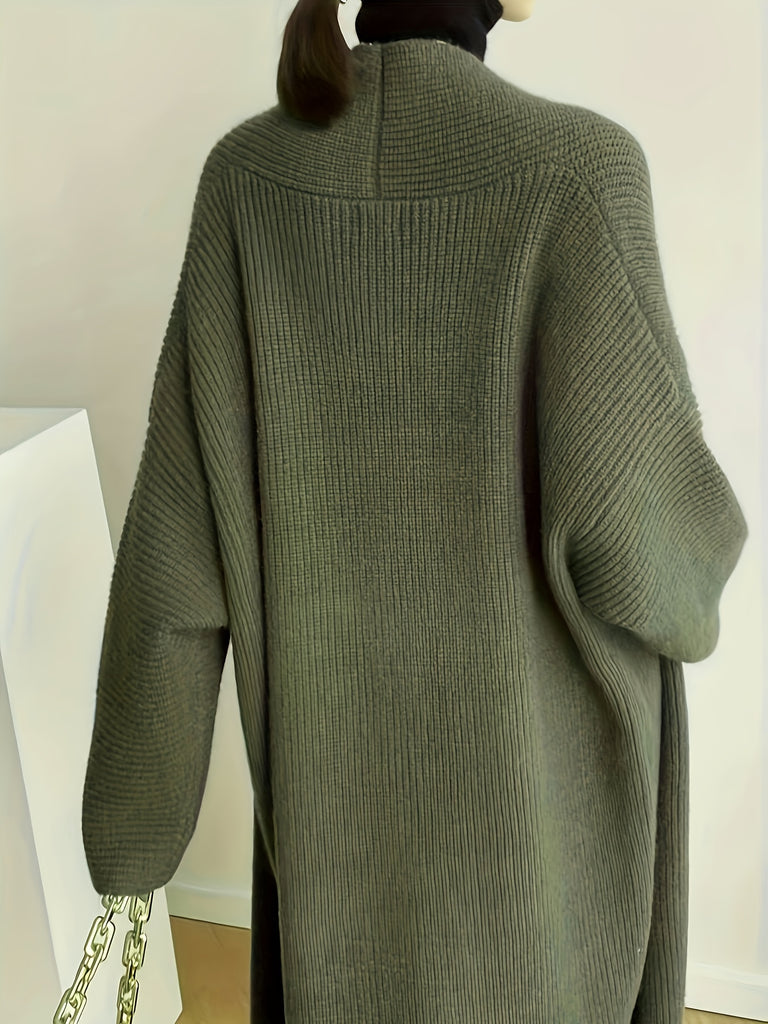 Solid Open Front Knit Cardigan, Elegant Long Sleeve Oversized Sweater Coat, Women's Clothing