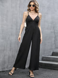 elveswallet  Scallop Trim V Neck Wide Leg Jumpsuit, Sexy Spaghetti Strap Jumpsuit For Spring & Summer, Women's Clothing