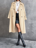 elveswallet  Solid Double Breasted Belt Trench Coat, Elegant Long Sleeve Coat For Fall & Winter, Women's Clothing