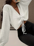 elveswallet  Drawstring V Neck Crop Sweater, Casual Long Sleeve Sweater For Fall & Winter, Women's Clothing