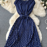 elveswallet  Polka Dot Pleated Dress, Short Sleeve Casual Dress For Spring & Summer, Women's Clothing