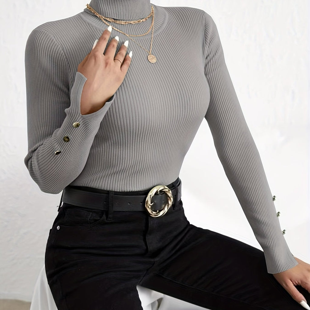 Solid Turtle Neck Slim Pullover Sweater, Casual Long Sleeve Fake Button Sweater For Fall & Winter, Women's Clothing