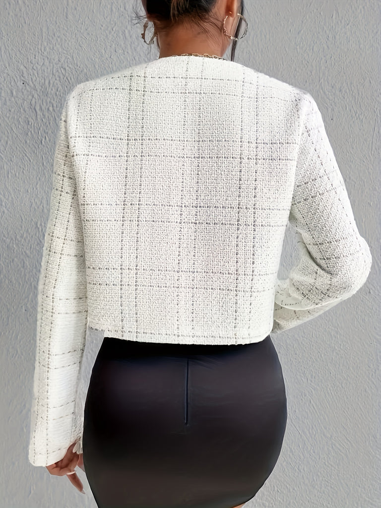 Button Front Plaid Jacket, Elegant Crew Neck Long Sleeve Outerwear, Women's Clothing