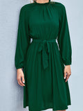 elveswallet  Women's Elegant Solid Belted Dress, Frill Neck Long Sleeve Dress For Spring & Fall, Women's Clothing