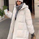 Hooded Mid Length Warm Coat, Casual Solid Long Sleeve Winter Outerwear, Women's Clothing