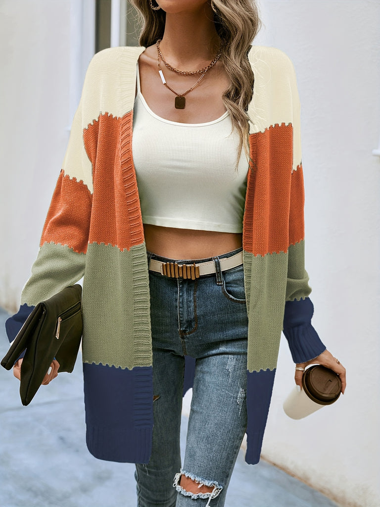 elveswalletV-neck Loose Striped Color Block Cardigans, Casual Drop Shoulder Long Sleeve Fall Winter Knit Cardigan, Women's Clothing