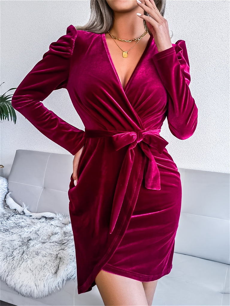 elveswallet  Solid V Neck Long Sleeve Tie Waist Evening Dress, Sexy Bag Hip Bag Hip Bodycon Party Dress, Women's Clothing