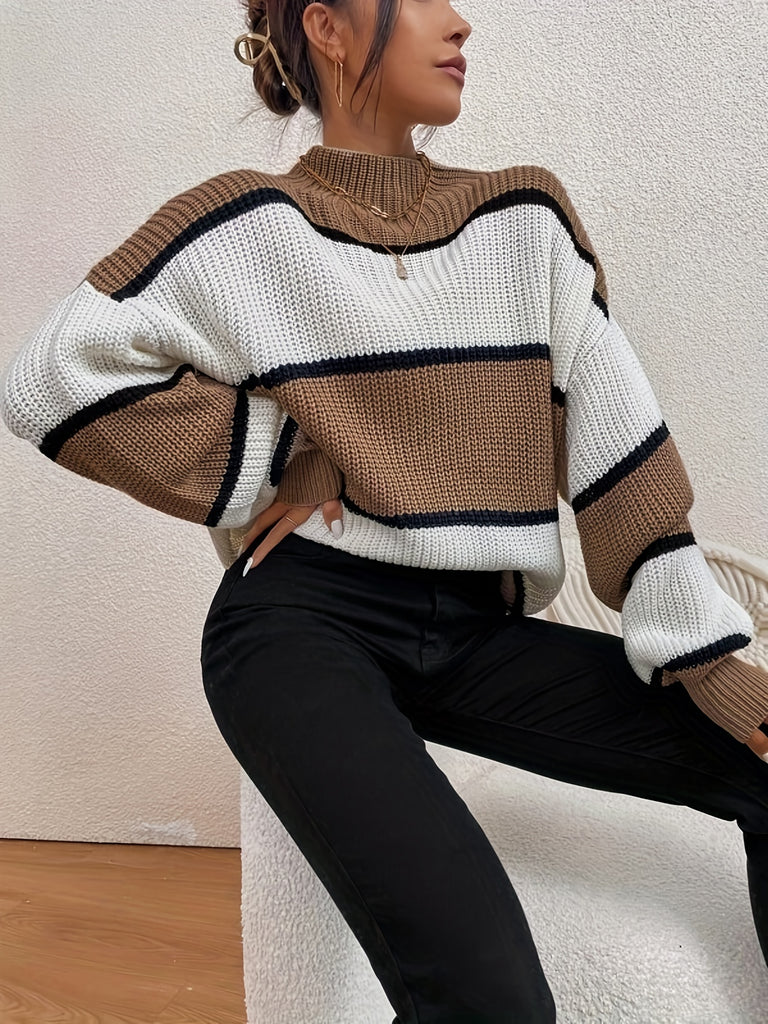 elveswallet  Color Block Striped Pullover Sweater, Casual Long Sleeve Mock Neck Sweater For Fall & Winter, Women's Clothing