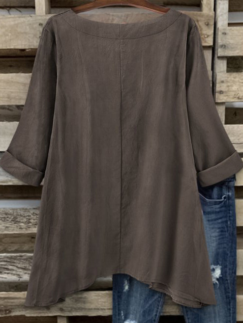 Linen-Blend 3/4 Sleeve Sidetail Tunic Top