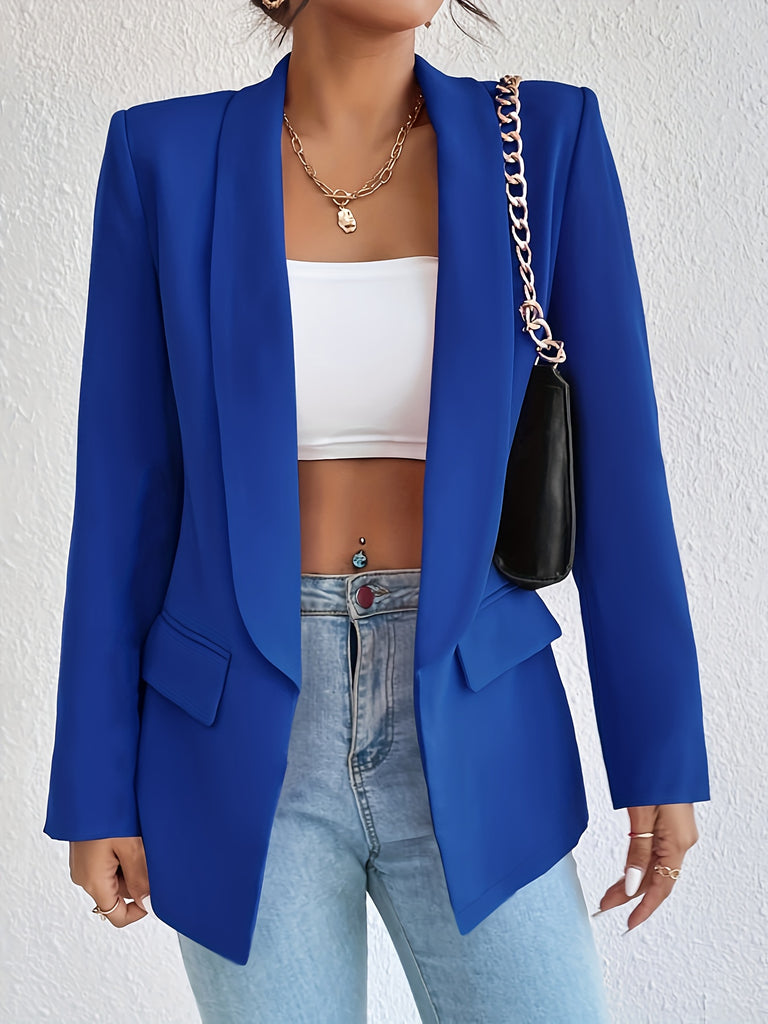 elveswallet  Shawl Collar Solid Blazer, Elegant Open Front Long Sleeve Outerwear, Women's Clothing