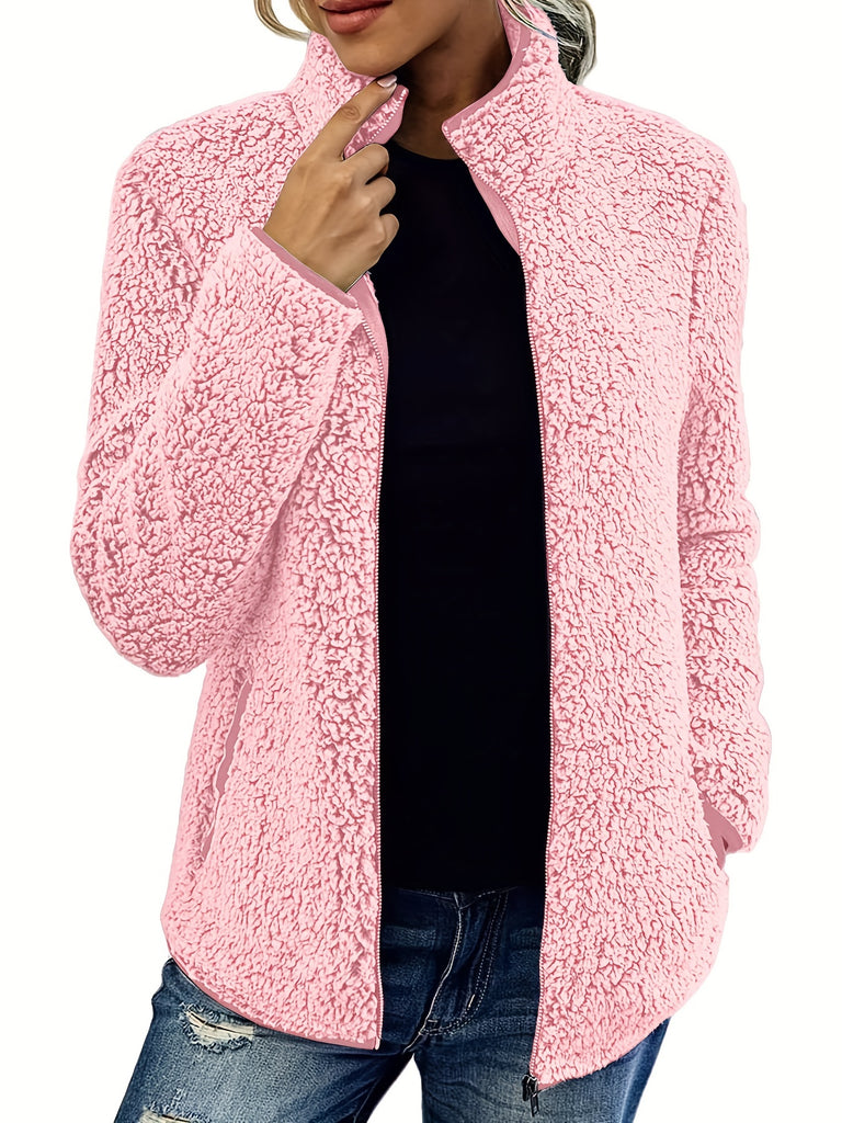 Zip Up Solid Teddy Jacket, Casual Long Sleeve Stand Collar Warm Outerwear, Women's Clothing