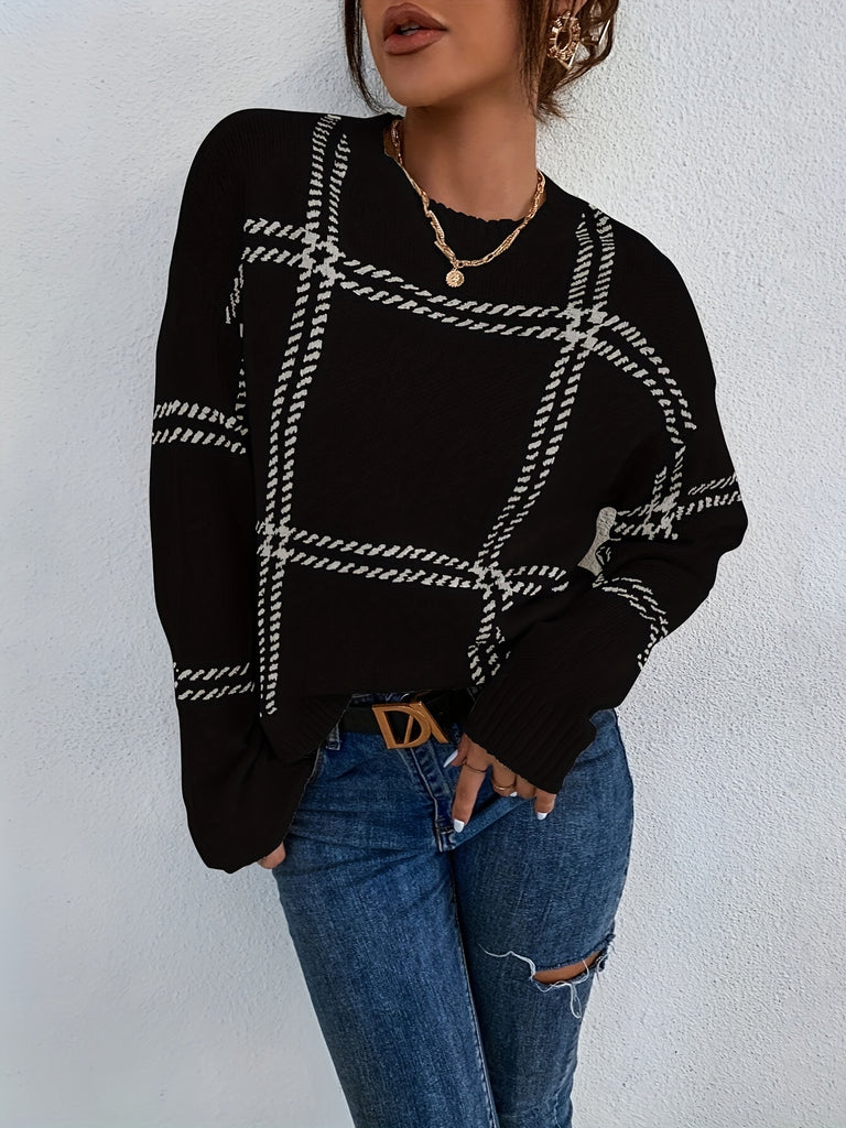 Plaid Pattern Crew Neck Pullover Sweater, Casual Long Sleeve Sweater For Fall & Winter, Women's Clothing