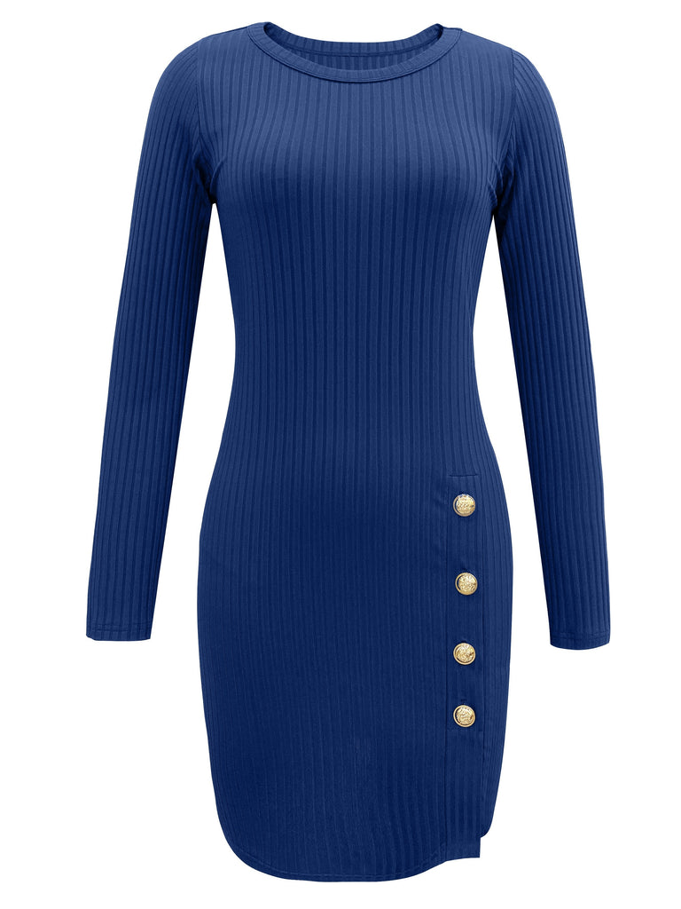 elveswallet  Solid Ribbed Dress, Elegant Crew Neck Long Sleeve Buttons Dress, Women's Clothing