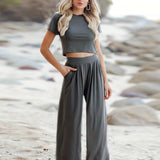 elveswallet  Casual Matching Two-piece Set, Short Sleeve T-shirt & Wide Leg Pants Outfits, Women's Clothing