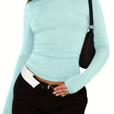 Long Sleeve Stretchy Tee, Casual Sporty Solid T-Shirt, Women's Clothing