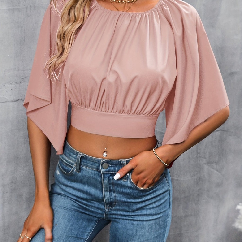 elveswallet  Ruched Tie Back Crop Top, Casual Crew Neck Cape Sleeve Blouse For Spring & Summer, Women's Clothing