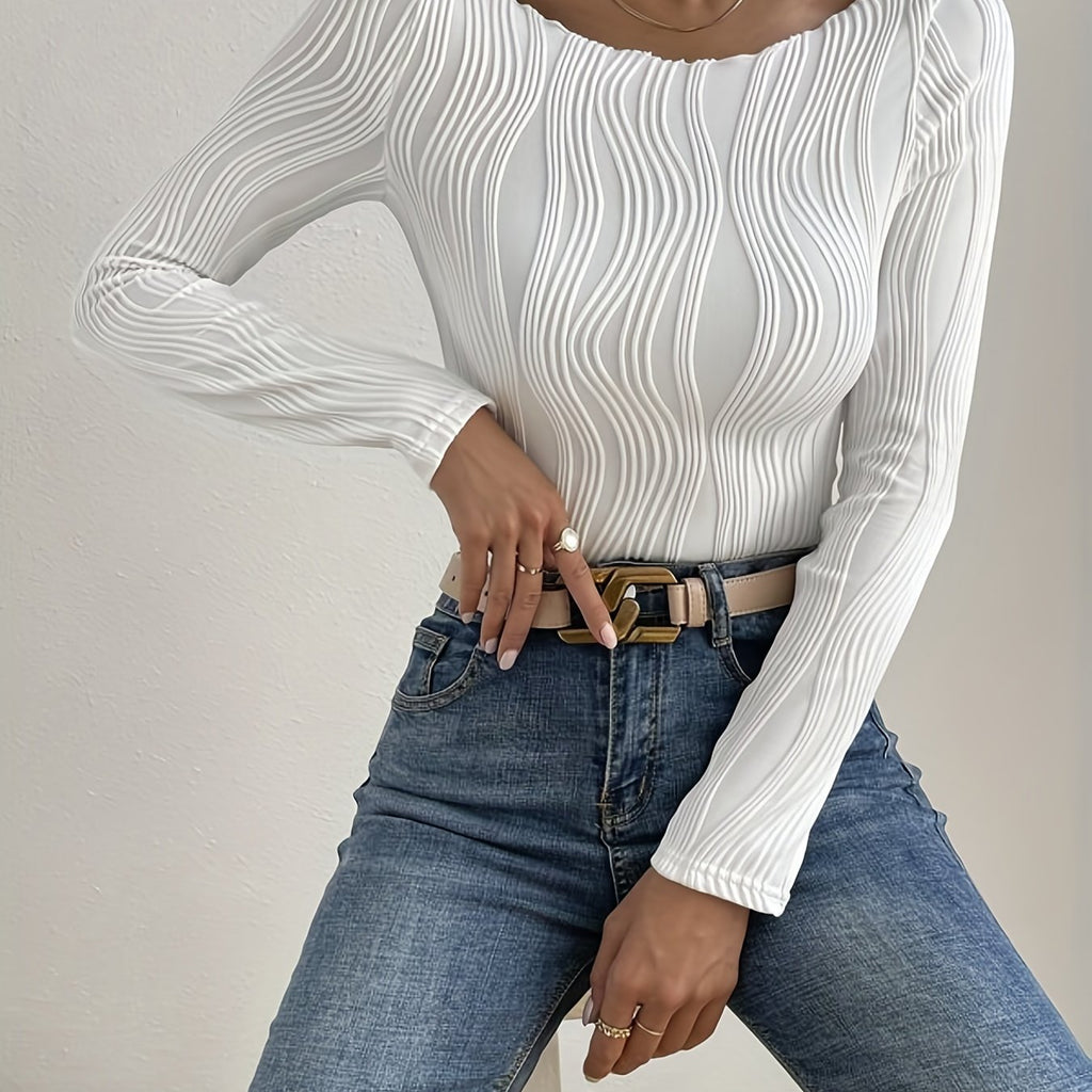 elveswallet  Solid Textured Crew Neck T-Shirt, Casual Long Sleeve Top For Spring & Fall, Women's Clothing