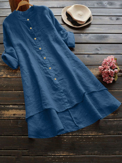 Casual Crew Neck Button-Down Long Type Linen Shirts