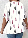 elveswallet  Plus Size Casual T-shirt, Women's Plus Feather Print V Neck Bell Sleeve Slight Stretch T-shirt