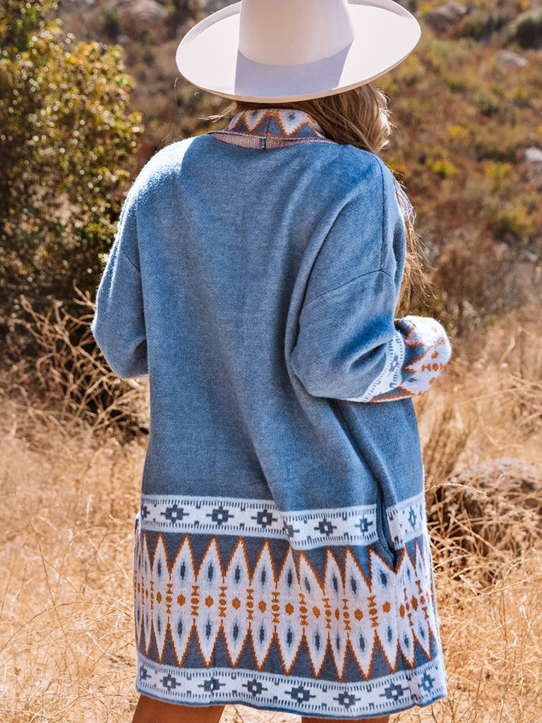 elveswallet  Women's Sweaters Blue Aztec Print Open Front Knitted Cardigan
