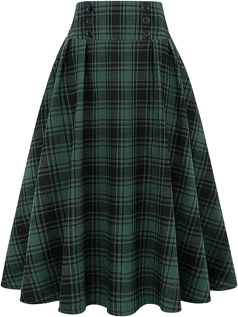elveswallet  High Waist Button Plaid Ruffled Hem Skirt, Vintage Loose Stylish Midi Skirt, Women's Clothing